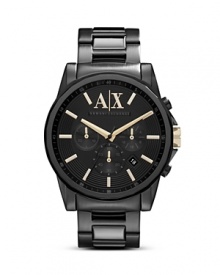 Armani Exchange crafts a classically styled statement with this plated metal watch. Crafted of stainless steel, it flaunts bold style with an eye-catching three eye chronograph.