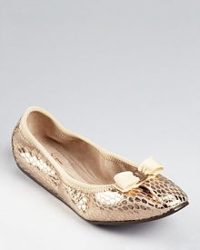 Salvatore Ferragamo's must-have My Joy is updated in python print leather with a gleaming, golden sheen.