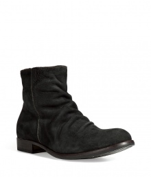 Bring urbane-cool style to your look with these luxe boots from Fiorentini & Baker - Upturned toe, supple suede with front wrinkle detail, ankle length, chunky heel, exposed side zip closure - Pair with straight leg jeans or slim trousers, a sleek button down, and a blazer