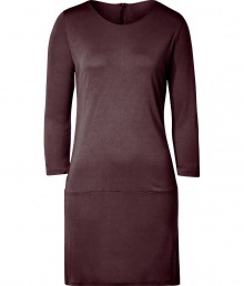 Liven up your business look with Majestics aubergine jersey dress, the perfect partner for tailored blazers and chic printed scarves - Rounded neckline, 3/4 sleeves, hidden zip at nape - Form-fitting - Team with flats and oversized carryall totes for work