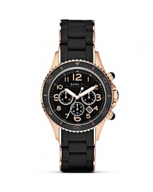 Give your hourly look a hit of MARC BY MARC JACOBS' style with this rose-gold accented watch. Equal parts sporty and sleek, it features a silicone wrapped bracelet and advanced chronograph movement.