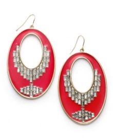 Notice-me-now style. Oval-shaped cut-out drops by Bar III stand out in crimson enamel and rectangular-shaped clear glass stones. Set in gold-plated mixed metal. Approximate drop: 2-3/8 inches.