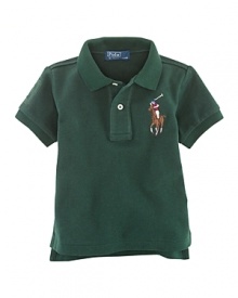 A classic polo shirt is updated with a multicolored Big Pony for preppy style.