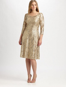 Shimmer and shine, a stunning style featuring a gorgeous metallic lace and allover sequins. Round neckThree-quarter sleevesAllover beadingConcealed back zipperFully linedAbout 23 from natural waist70% polyester/30% metallic threadDry cleanMade in USA of imported fabric