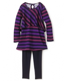 Purple and magenta stripes adorn this draped Splendid top with a front flutter layer. On-trend matching leggings exude easy seasonal chic.