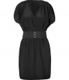 Work a feminine accent into your Little Black Dress collection with Akikos silk wrap dress, detailed with a stretch faux-leather belt for a soft, feminine look - Wrapped V-neckline, sleeveless with draped arm opening, gathered shoulders, elasticized waist, faux-leather twisted belt with elasticized strap and snap closures, pull-over style - Softly draped silhouette, mini-length - Wear with a blazer and flats to work, or dress up for cocktails with a leather jacket and heels