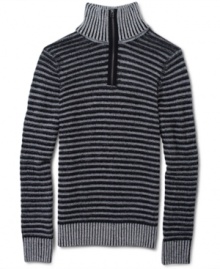 This handsome Sean John zippered turtleneck will have you decked out in classy stripes.