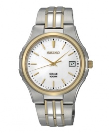 Soak up some rays while on the move with this innovative solar-powered watch from Seiko. Sleek gold-tone stainless steel bracelet and round case with gold-tone bezel. White dial features applied gold-tone stick indices at markers, minute track, date window at three o'clock, three hands and logo at twelve o'clock. Solar-powered quartz movement. Water resistant to 100 meters. Three-year limited warranty.