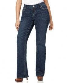 Rhinestones add a dash of flash to Seven7 Jeans' bootcut plus size jeans-- rock them with your favorite tops!