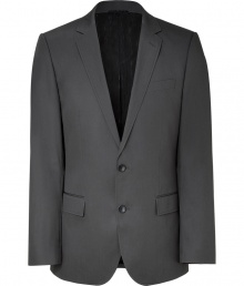 Elegant jacket in fine, pure grey cotton - Single breasted blazer style with two-button closure - Small collar and slim lapels - Two front flap pockets, single chest pocket - Side vents at rear - Modern silhouette is straight and slim - A polished, slick staple in any wardrobe - Dress up with suit trousers and a button down, or pair with jeans and a t-shirt for a more casual look