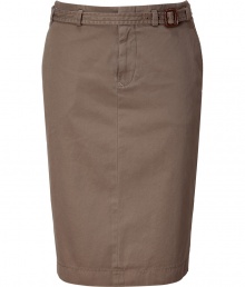 Classic khakis just got stylish with this flattering pencil skirt - Casual chino look in olive-colored cotton - Features fly, side slit pockets, back pockets with buttons, back vent and belt with side buckle - Knee length - Perfect for the office when dressed up with a blouse or cashmere top