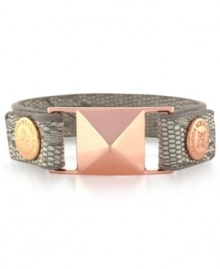 Make a fierce fashion statement. BCBGeneration's PVC snap bracelet features a neutral colored snake-skin pattern with accents crafted from rose gold-tone mixed metal, including a bold pyramid stud. Approximate length: 8 inches.