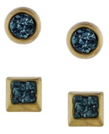 Shape up. Tiny green drusy chips adorn this playful stud earrings set from BCBGeneration. Set in gold tone mixed metal. Approximate diameter (square and circle studs): 3/4 inch.