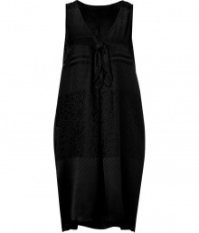 Stylish sleeveless dress in fine, black silk - Chic jacquard print - Flattering drape, fabric falls beautifully - On-trend, relaxed silhouette - Deep V neck with contrast piping and knot detail at chest - Decorative pleating at back - A great dress for vacation, relaxation and parties - Pair with ballet flats or sandals and style with bold metal jewelry