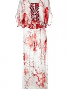 Effortless glamour is easily achieved in this luxe printed maxi dress from Roberto Cavalli - Rounded neckline with embellished front detail, blouson style top with dolman sleeves, relaxed silhouette, all-over print - Wear with embellished sandals, a fringed shawl, and a statement clutch