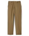 With a center crease and tab button closure, this flat-front pant is a classic go-to piece for his dressier wardrobe.