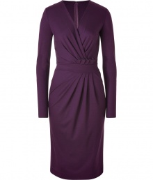 A classic silhouette and chic draping details inform this ultra-chic wool frock from Salvatore Ferragamo - V-neck, faux-wrap silhouette, long sleeves, draping at bust and waistband, figure-hugging fit, concealed back zip closure - Wear with peep-toe pumps and an embellished clutch