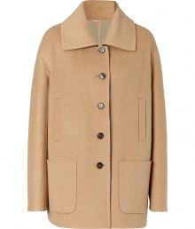 Sleek and sophisticated, Jil Sanders beige wool coat is a chic way to streamline your outerwear wardrobe - Oversized cutaway collar, buttoned front, front patch and slit pockets, flared silhouette - Lends a tailored finish to sharply cut trousers and flats