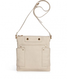 Compact but undeniably chic, this neutral leather crossbody bag highlights the must-emulate trends of the season - Small rectangular shape, top zip closure, long shoulder strap, front logo detail, patched side panels with gold-tone grommets - Wear with an elevated jeans-and-tee ensemble or with a casual cocktail look