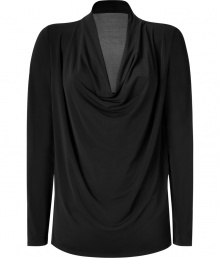 Luxurious top made ​.​.from fine black stretch viscose - Particularly pleasant, flattering quality - The cut is slim, slightly fitted - With feminine waterfall neck d?collet? and elegant, asymmetrical draping - Long sleeves which can be casually pushed up - A dreamy top, classy and stylish - A hit with leggings, a pencil skirt, mini skirts