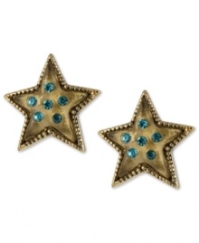 Star power. This pair of earrings from Betsey Johnson is crafted from antique gold-tone mixed metal with lucite and blue glass crystal accents to add even more luster. Approximate drop: 3/4 inch.