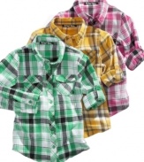 Trendy plaid flannel shirt in fun assorted bright colors by Planet Gold.