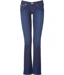 Give your casual basics a stylish kick with these figure-hugging low-rise jeans from True Religion - Classic five-pocket styling, contrasting stitching, distinctive logo back flap pockets, slim fit, straight leg - Style with a tee, a blouse, or a tunic and heels or ballet flats