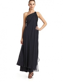 THE LOOKAsymmetrical necklineThin vertical strapBeaded bodice with draped fabric overlayFront and back gentle drapingBack zip with hook-and-eye closureTHE FITAbout 57 from shoulder to hemTHE MATERIALSilkFully linedCARE & ORIGINDry cleanMade in ItalyModel shown is 5'10½ (179cm) wearing US size 4. 