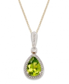 Pear-hued perfection. This stunning pendant features a pretty teardrop shape that shines with the addition of pear-cut peridot (1-7/8 ct. t.w.) edged with diamond accents. Set in 14k gold. Approximate length: 18 inches. Approximate drop: 5/8 inch.