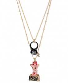 Betsey Johnson gives  new meaning to the phrase doggie bag with this two-row necklace and pendant. Crafted from gold-tone mixed metal, the chain features a ring charm and another with a chihuahua in a purse. Both are adorned with sparkling glass accents. Approximate length: 16 inches + 3-inch extender. Approximate drop: 1-1/2 inches.