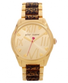 Show your spots with this golden watch from Betsey Johnson. Prettied up with leopard print and heart accents.