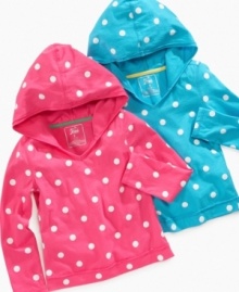 She'll look super cute and keep warm in this dot print top with hood by So Jenni.