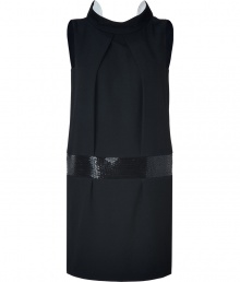 Swing into the new season in sweet feminine style in Tara Jarmons chic black mini-dress, finished with an exquisitely beaded waistline and dramatic draped back - White lined stand-up collar, draped open back, sleeveless, side slit pockets, front pleats, tailored fit - Pair with bright heels and a statement clutch for cocktails