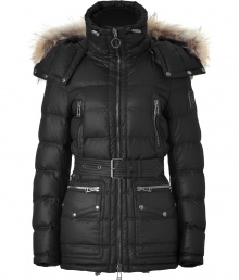 Stay warm in high style with this ultra-luxe down jacket from Belstaff - Stand collar, luxe fur-trimmed hood with snaps and toggle, front zip closure, quilting at shoulders and on sleeves, belted waist, zip pockets and cuffs, flap hip pockets - Style with skinny jeans and shearling booties