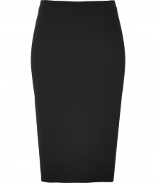 The classic pencil skirt gets a modern update with this luxe version from Donna Karan - Figure-hugging fit, back concealed zip closure and slit  - Style with a blouse, a draped front leather jacket, and platform heels