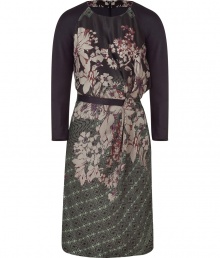 Inject modernized sophistication to your party look with this chic raglan sleeve printed dress from Etro - High round neck, solid raglan sleeves, printed bodice, draping at waist, black belt with back tie, all-over print - Wear with statement sandals and an embellished clutch