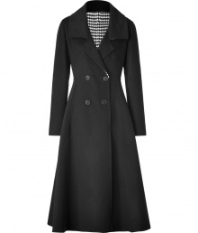 Elevate your cold weather style with this elegant and versatile long wool coat from Jil Sander - Large spread collar, long sleeves, double-breasted with front button placket, fitted bodice with flared silhouette, back belt - Wear with a fitted cocktail sheath or with slim trousers and a silk blouse