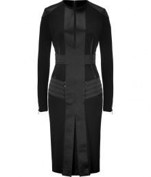 Sleek and statement-making, Belstaffs exquisitely tailored structural black sheath cuts a slick feminine figure with an ultra modern flair - Round neckline with slit and hook-and-eye closure, long sleeves, metal zippered cuffs, sculptural satin paneling, inverted front pleat, hidden back zip - Tailored fit - Wear with statement heels and a jet black handbag