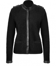 Stylish blazer jacket in a black mohair-nylon-wool blend - Absolute top quality, looks luxurious, elegant AND cool - Typical blazer cut with rocking biker jacket elements - A trendy mix that can be worn for many occasions - Short, straight and slightly fitted cut with long, slim sleeves - With leather cuffs, trim, belted shoulders, stand collar, pockets - A wonderful new basic for the office AND parties