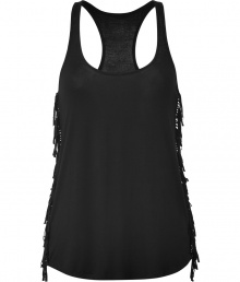 Up the ante on casual summer basics with this boho-chic black tank  from  Ella Moss - Super-soft, ultra-flattering rayon stretch blend - Slim yet relaxed racer back cut with round neck - On trend fringe embellishment at sides - Hem hangs slightly longer in the back -  Pair with ballet flats or leather sandals and Bermudas, cropped trousers or skinny denim