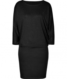 Easy and chic in black jersey, DKNYs embellished top dress counts as a must for casual-cool cocktails - Boat-neckline, 3/4 dolman sleeves, pull-over style - Loose top, form-fitting skirt - Wear with festive flats and a sparkling clutch to cocktails