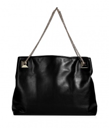 Glamorize every look with Valentinos jet black leather shoulder bag, detailed with oversized rockstuds and a chain-link strap for that impossibly ladylike feel - Embossed logo, removable chain shoulder strap with oversized rockstuds at base, two inside sections, zippered middle sectional pocket, zippered back wall pocket, two front wall slot pockets, protective feet - Carry as a sleek polish to day and evening looks alike