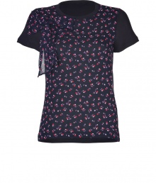 Playful and punchy with its sweet cherries, Valentino R.E.D.s combo tee is a fun way to wear this seasons print trend - Round neckline, short sleeves, cherry print ink-multi silk front with oversized bow at shoulder, black modal back, sleeves and trim - Fitted - Wear with favorite skinnies and flats