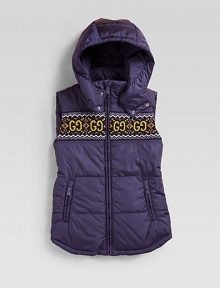 A quilted vest in waterproof nylon and wool trim with hood, zip pockets and GG Nordic jacquard pattern at the chest.Attached hood with double snap closureSleevelessFull-zip frontTwo zip pocketsFully linedBody: nylonTrim: woolDry cleanMade in Italy