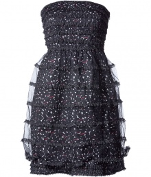 Black multi-layered cocktail dress in cotton - with feminine mini tiers - futuristic multi color garden print - knee length - zipper at the side - tight no-shoulder bodice top - nicely waist fitted - cool with ankle boots or boots - a dress for the upcoming party season