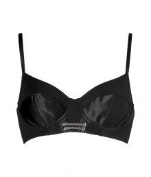 Luxe underwire bra in fine black synthetic blend - Elegant, demi-corset style with lace-up detail and slim straps - 3/4 cups offer ample coverage and create a sexy d?colletage - Flexible underwire and stretch fabric make this bra as cozy as it is cool - Wear beneath just about anything, but layer with sheer blouses for a decidedly sensual and sophisticated look