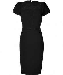 A contemporary, feminine take on the Little Black Dress, Valentinos crochet detailed textural knit sheath is perfect for lady-chic cocktails - Rounded neckline with buttoned key-hole cutout at nape, short textural knit puffed sleeves, crochet detailed panel at throat - Form-fitting - Wear with flawless pumps and an oversized leather clutch