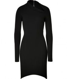 Iconic and edgy with its characteristic cool styling, Helmut Langs black dress lends a modern-minimalist accent to day and evening looks alike - Asymmetrical high neckline, long sleeves, exposed metal back zip, asymmetrical hemline - Fitted - Wear with booties minimalist accessories