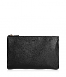 With its sleek black textural leather and streamlined shape, Jil Sanders zippered pouch is a chic choice for stashing away makeup essentials, or carrying alone as a clutch - Top zip, black lining - Carry for travel, or with bright printed cocktail frocks