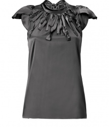 Raise the bar on contemporary classics with Steffen Schrauts elegant grey silk stretch top -  Butterfly cap sleeves and decorative fringe trim at neckline - Small stand up collar ties at back with an oversize bow - Fitted, feminine silhouette tapers gently through waist - Pair a blazer or denim jacket and style with with pencil skirts, skinny denim or dress trousers